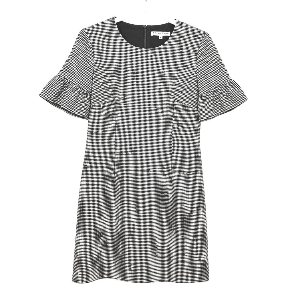 Trina Turk‎ Houndstooth Ruffle Sleeve Shift Dress Black White Size 4 C174316